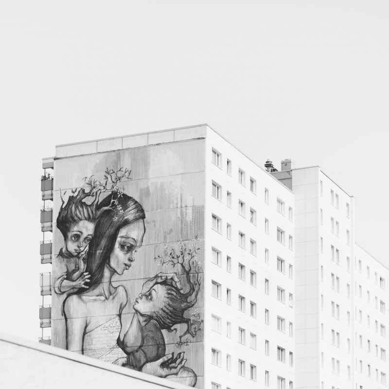 grayscale photo of painted building